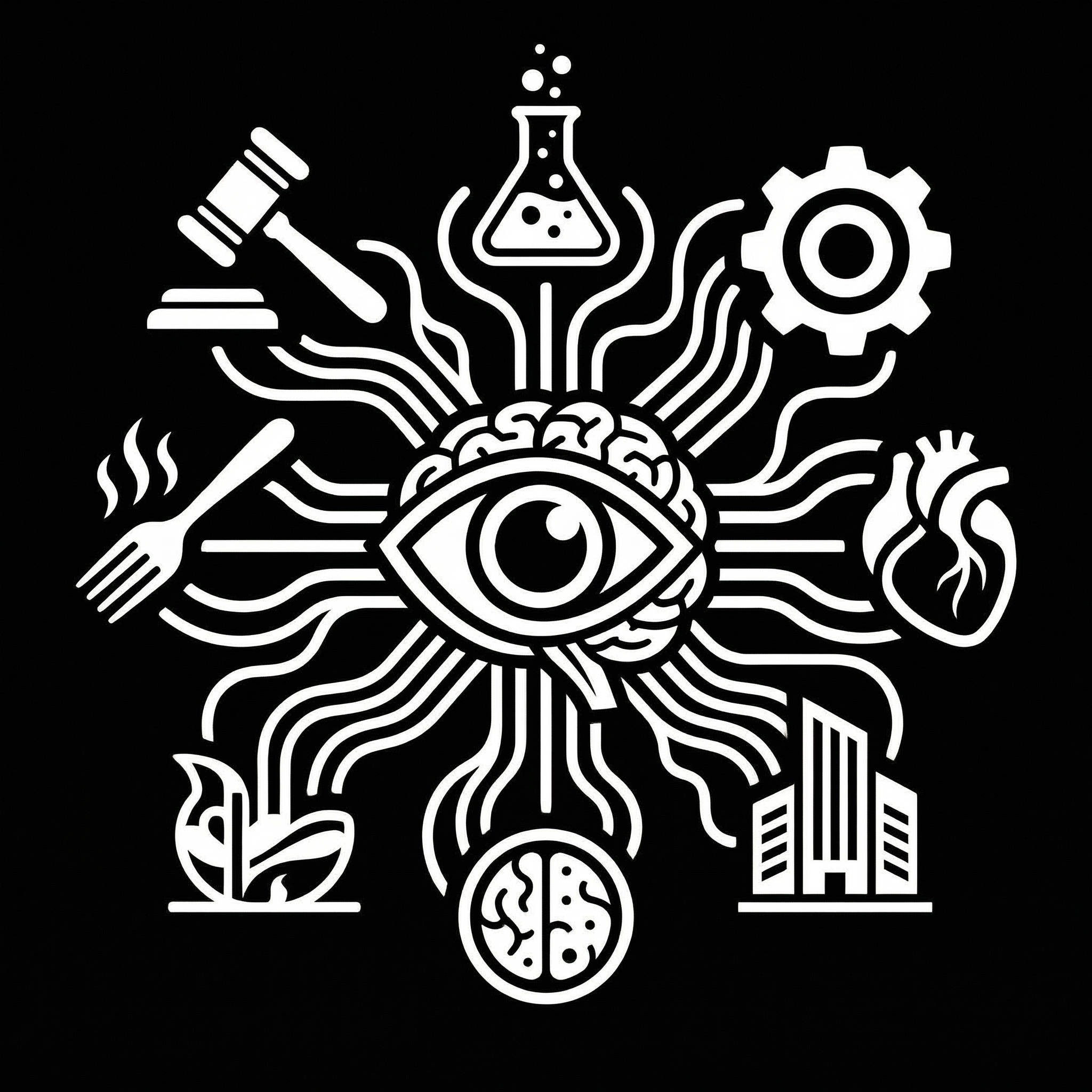 Brain-eye motif radiating connections to law, science, medicine, cooking, urban planning, architecture and more