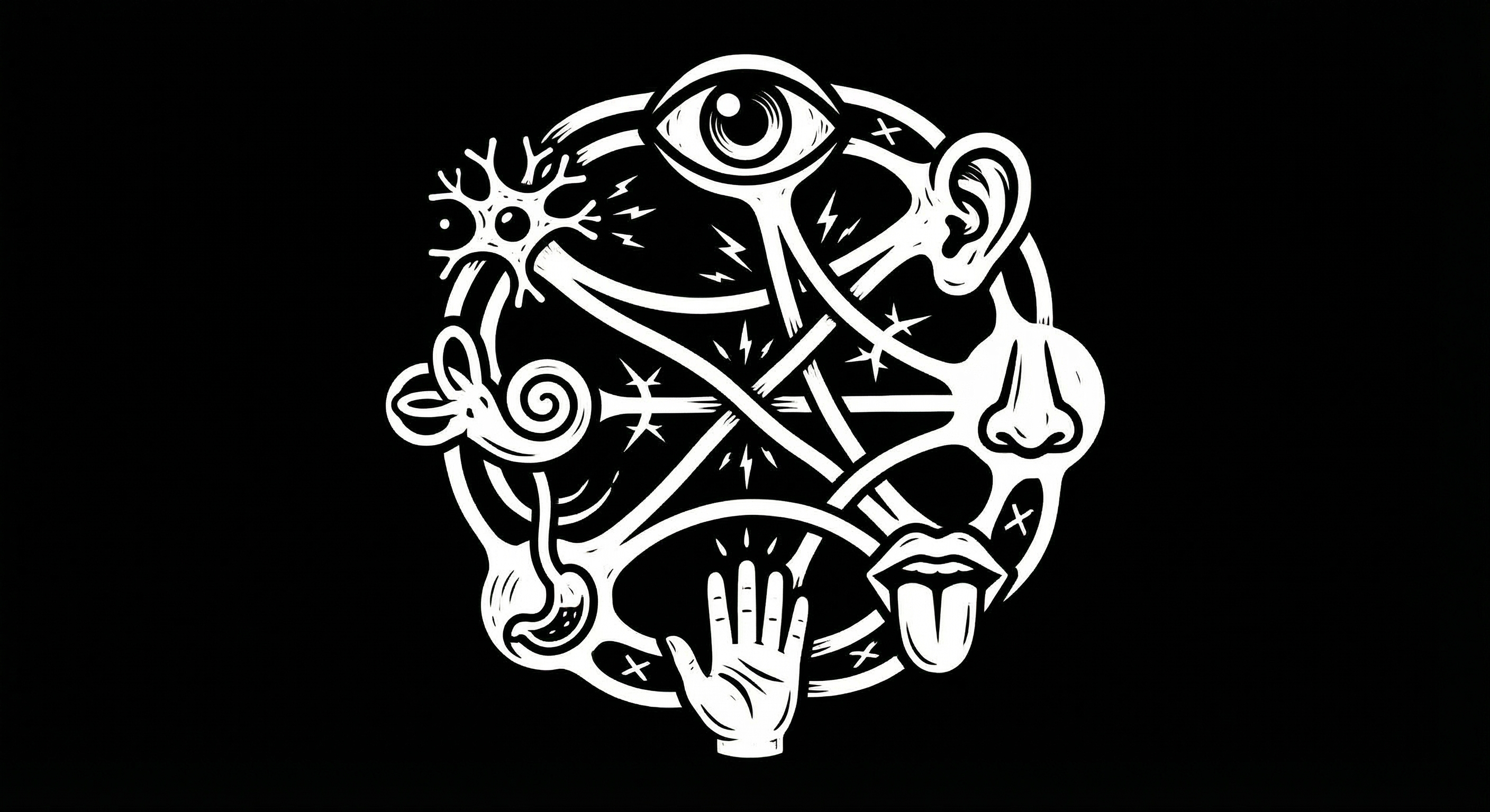 Eight cognitive senses arranged in a circular mesh, cross-triggering each other through flowing bridges